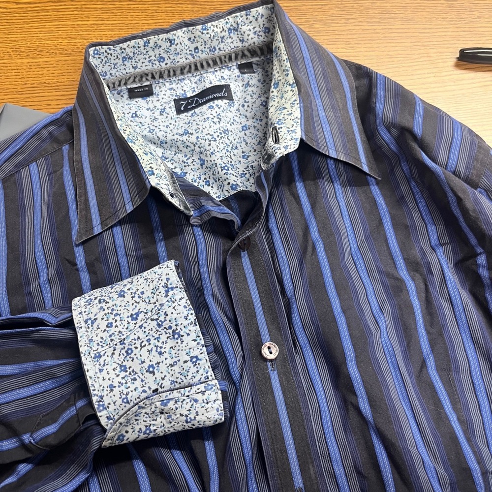 7 Diamonds Blue Black Striped Mens L Flip‎ Cuffs Long Sleeve Button Down Shirt